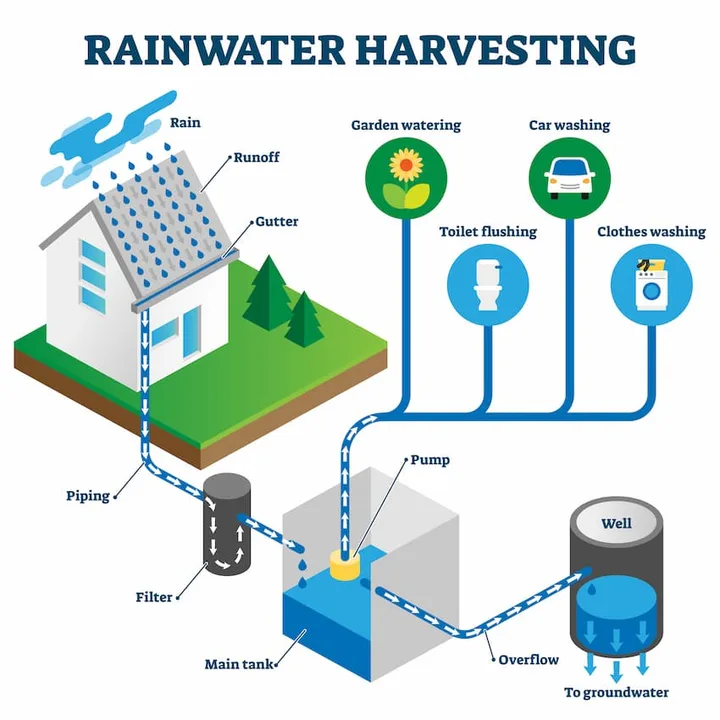 Diagram showing rainwater collection, storage, filtration and uses in the garden and home.