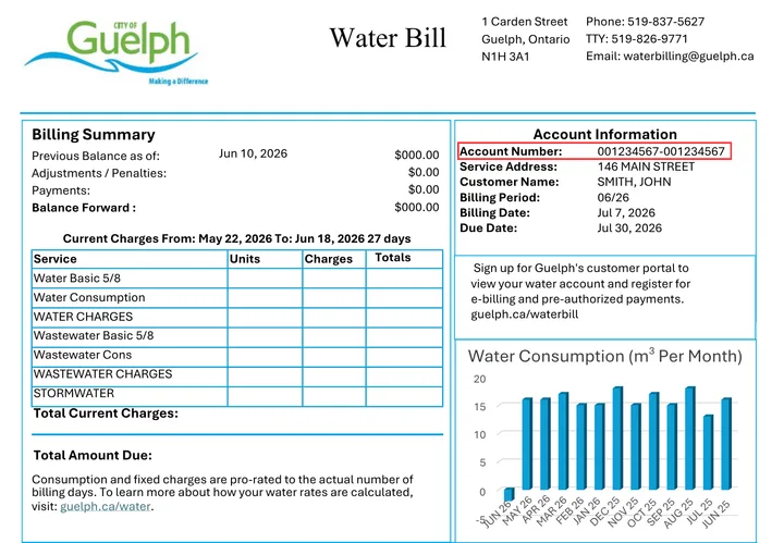 Sample City of Guelph water bill showing where to find the 18-digit account number.